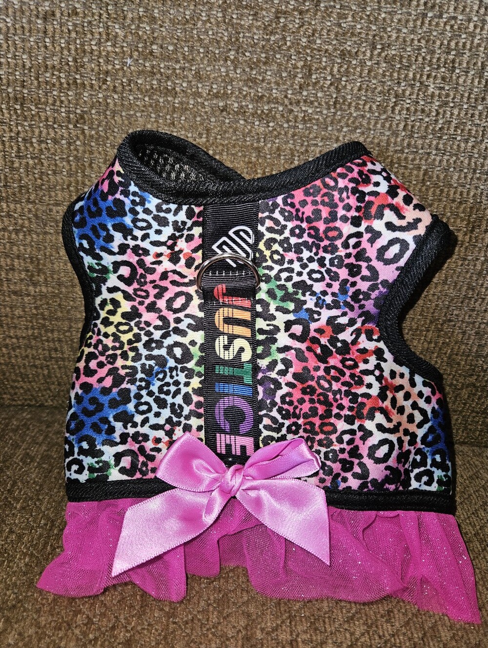 NWOT Justice Sz S Rainbow Leopard Print Dog Harness Dress with Pink Bow
